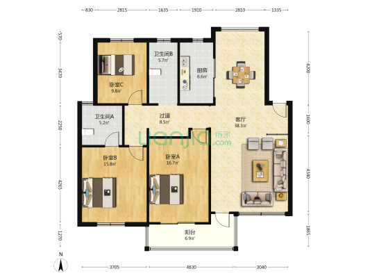 双龙花园西区 3室1厅2卫 138平方