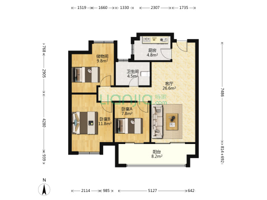 旭辉公元萃庭 2室1厅1卫 91平方