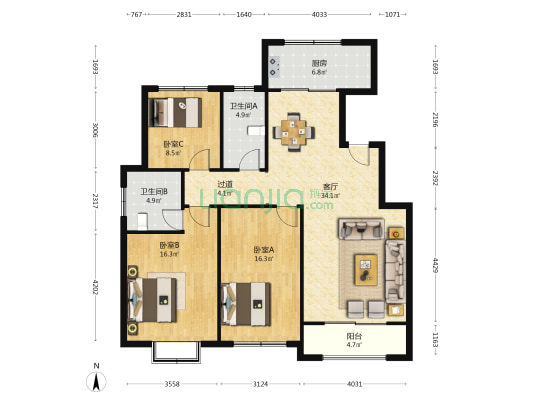 王宿文清苑小区 3室1厅2卫 132平方