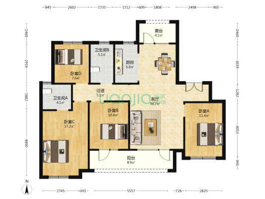 中铁世博城逸海南区 4室1厅2卫 141平方