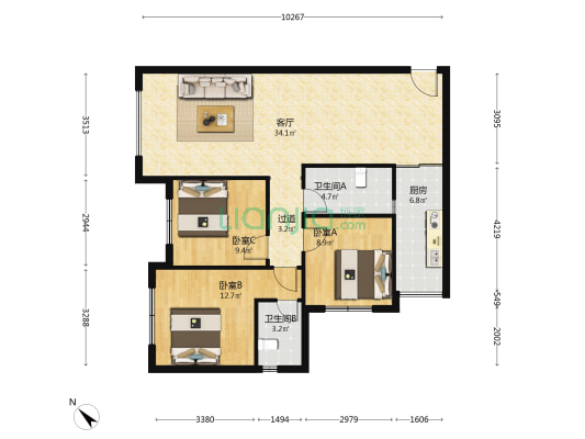 天府南庭 3室1厅2卫 80平方