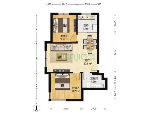 一河两公园 2室1厅1卫 75平方