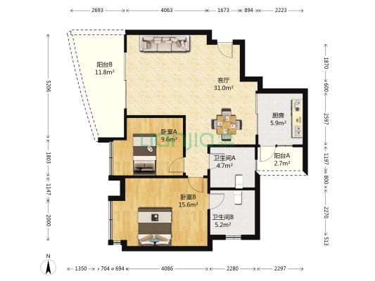 锦绣水岸 2室1厅2卫 96平方