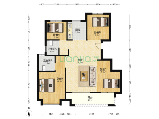 潇雅苑 4室1厅2卫 109平方