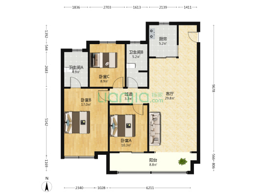 蓝石缘溪堂 3室1厅2卫 127平方