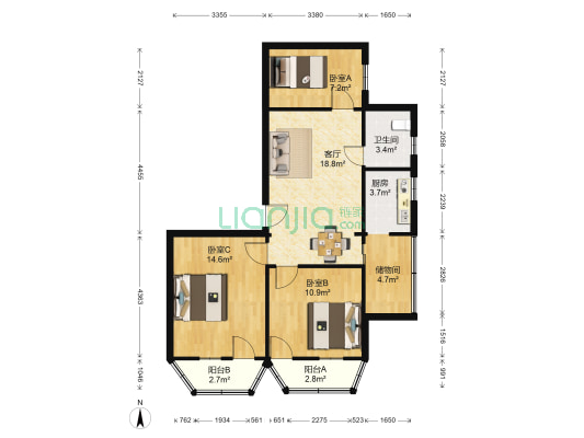 医药公司宿舍 3室1厅1卫 88平方