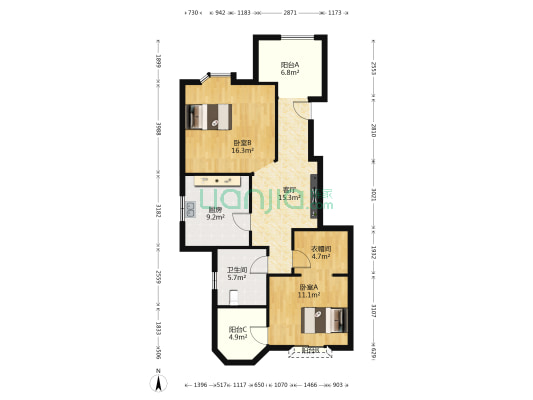 御岛财富 2室1厅1卫 97平方