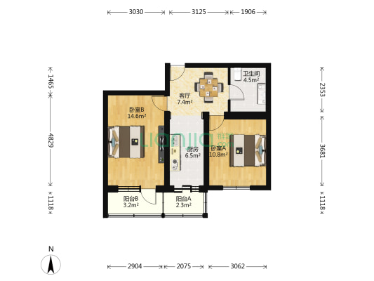 海淀南路30号院 2室1厅1卫 65平方