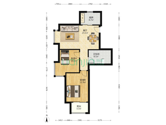 海创尚居 2室1厅1卫 84平方