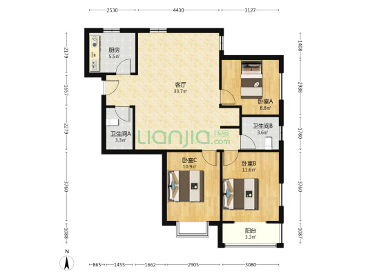 满五  中间楼层 三居采光全天-户型图