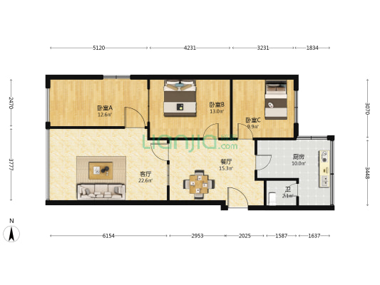 无线电厂宿舍 3室2厅1卫 58平方