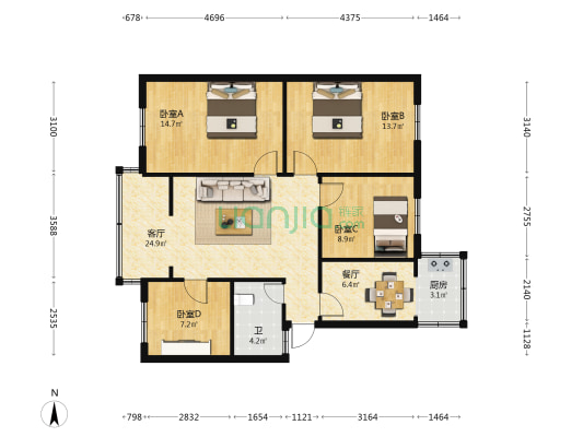 刘家营干休所 4室2厅1卫 76平方