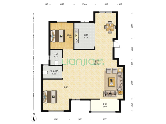 兴港蝶湖湾 1室1厅2卫 237平方