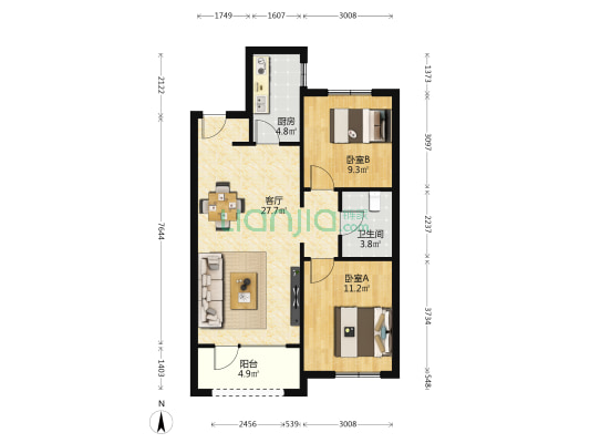 新湖仙林金谷 2室1厅1卫 91平方