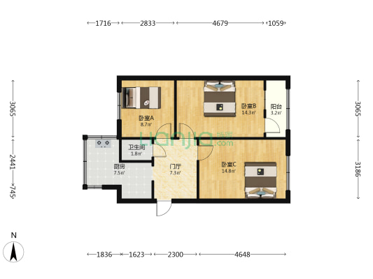 陵青胡同1号院 3室0厅1卫 67平方
