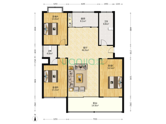 海岱苑 3室1厅2卫 140平方