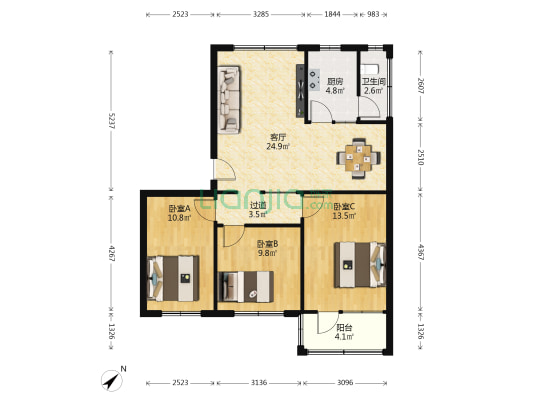 六约商住楼 3室1厅1卫 91平方