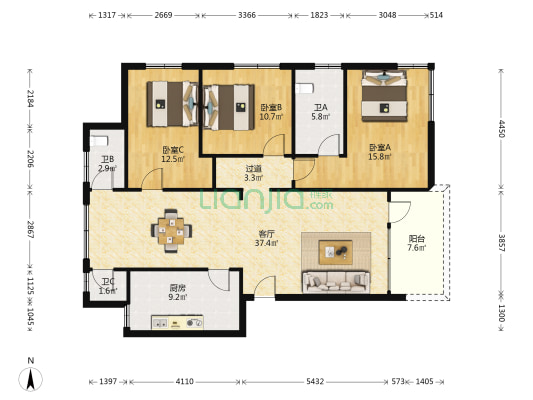 镇干楼 3室1厅3卫 133平方