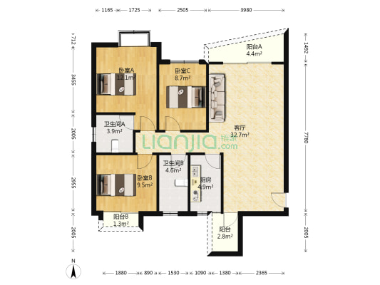 华西花园一期 3室1厅2卫 99平方