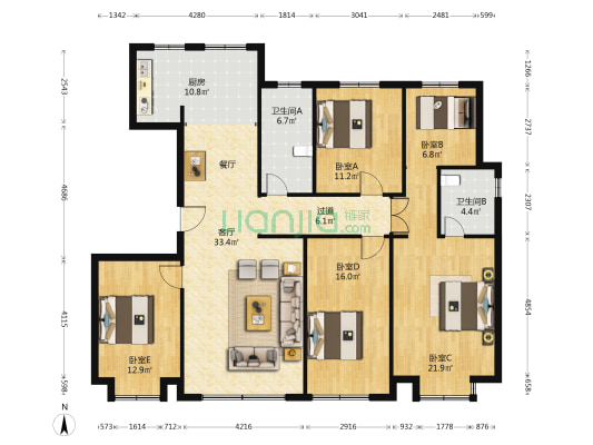 北辰学府 5室1厅2卫 165平方