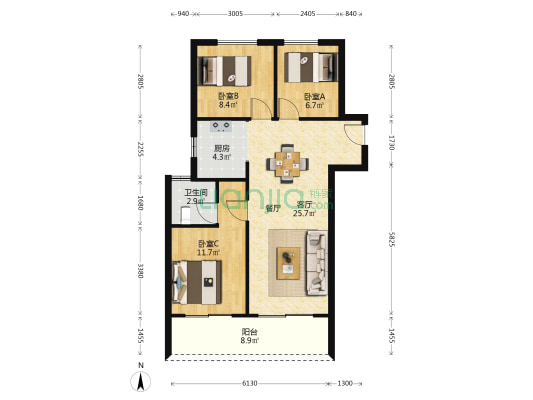 兴港永威南樾 3室1厅1卫 100平方