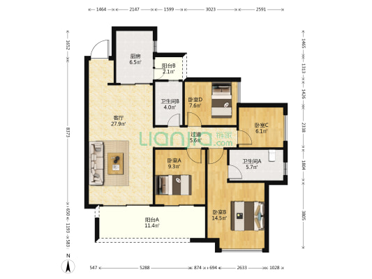 龙湖景粼天著望川区 4室1厅2卫 114平方
