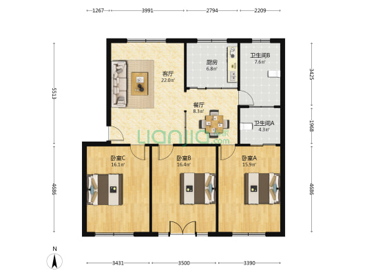 日晖三区 3室2厅2卫 115平方