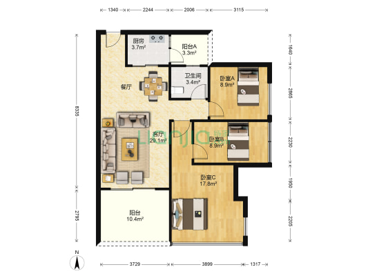 金叶华府 3室1厅1卫 89平方