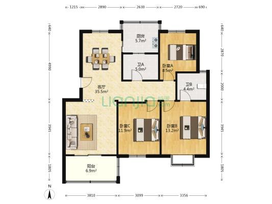 东麟花园 3室1厅2卫 107平方