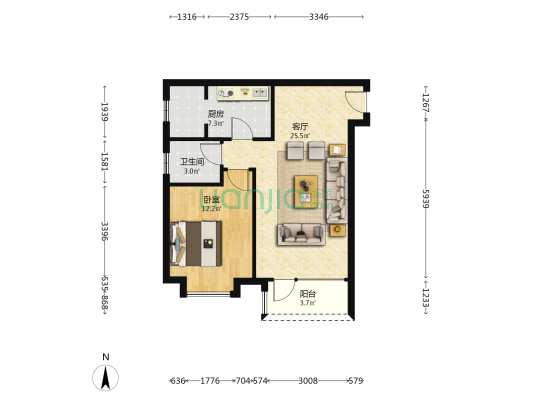 朝阳大一居 明厨明卫 户型方正 央企社区 人车分流-户型图