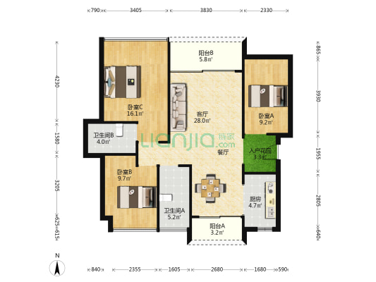 畔山御海 3室1厅2卫 105平方