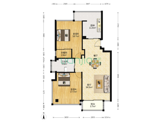院士花园 2室1厅1卫 104平方