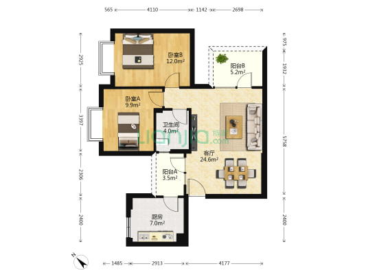 公园大道 2室1厅1卫 95平方