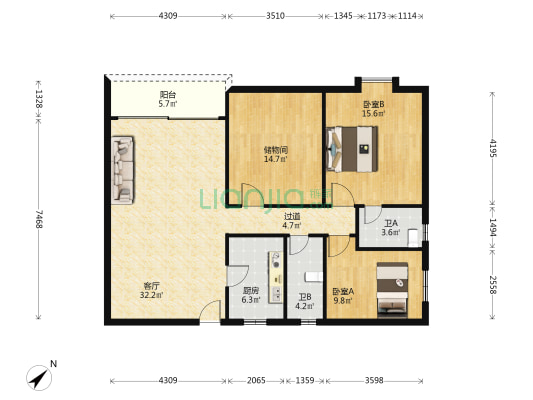 永福楼 2室1厅2卫 134平方
