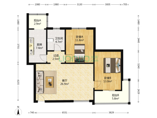 东山彩橘 2室1厅1卫 101平方
