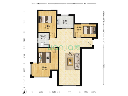 狮子城，近高铁，全明三居室，带装修-户型图