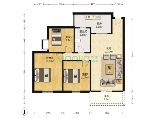 皇龍新城 3室1厅1卫 103平方