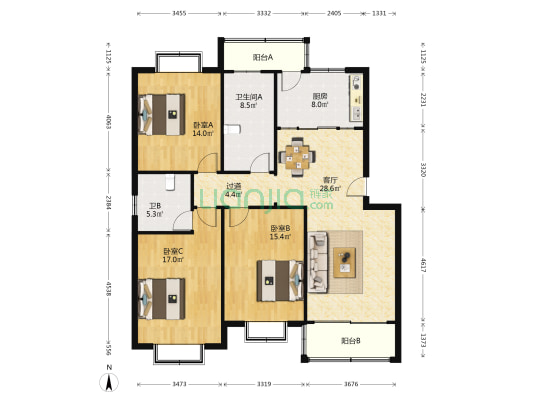 滨江花园 3室1厅2卫 137平方