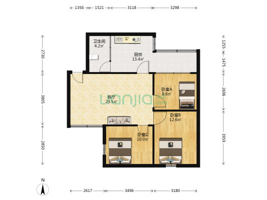 省医宿舍 3室1厅1卫 85平方