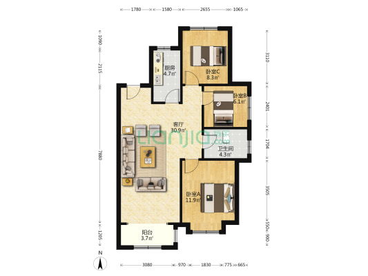 南北通透三居室 有房本 高楼层 视野宽阔 采光充足-户型图