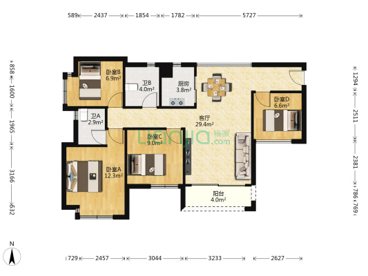 领地海纳公馆 4室1厅2卫 90平方