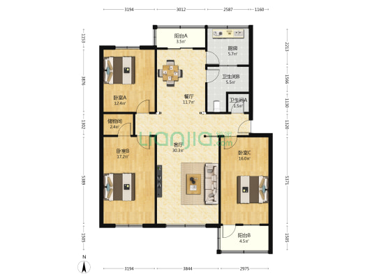 鸿祥洋房 3室2厅2卫 116平方