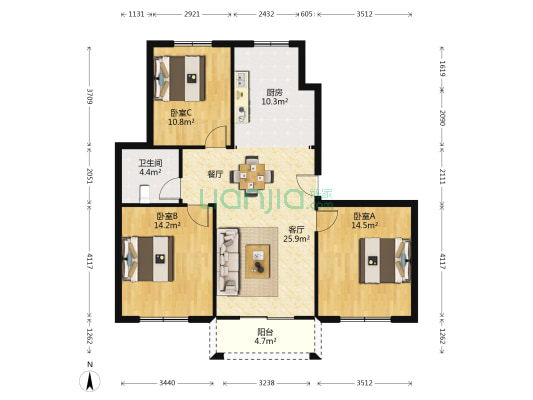 汇泰嘉园西区 3室1厅1卫 124平方