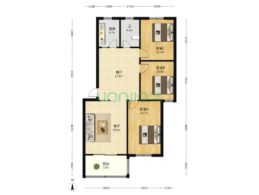 宏基阳光鑫苑 3室2厅1卫 114平方
