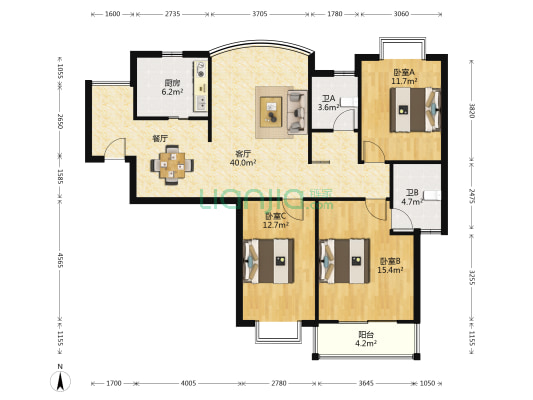 瀚华天地 3室1厅2卫 121平方