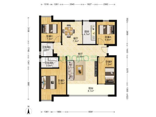 招商雍华府 4室2厅2卫 106平方
