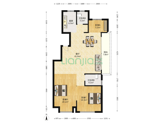 江山风华风华花园 3室1厅2卫 118平方