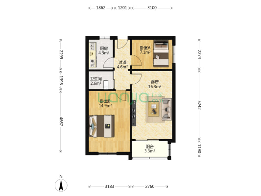 军区家属院（畅家巷） 2室1厅1卫 72平方