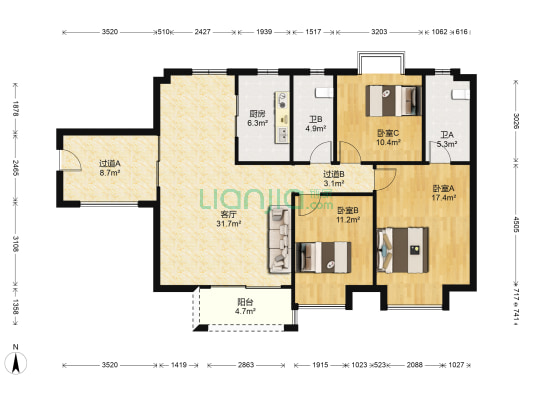 荷城映月 3室1厅2卫 120平方