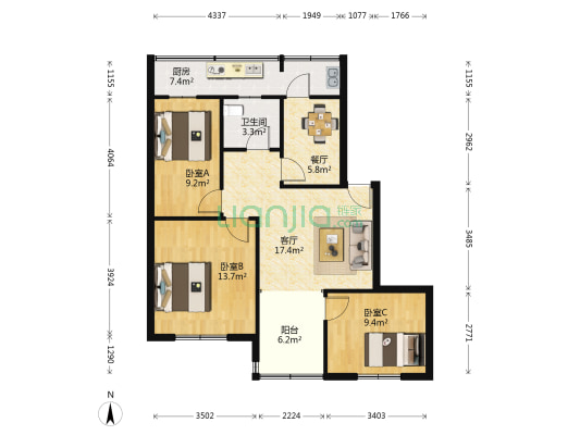 泰安市计划生育委员会机关宿舍 3室2厅1卫 92平方